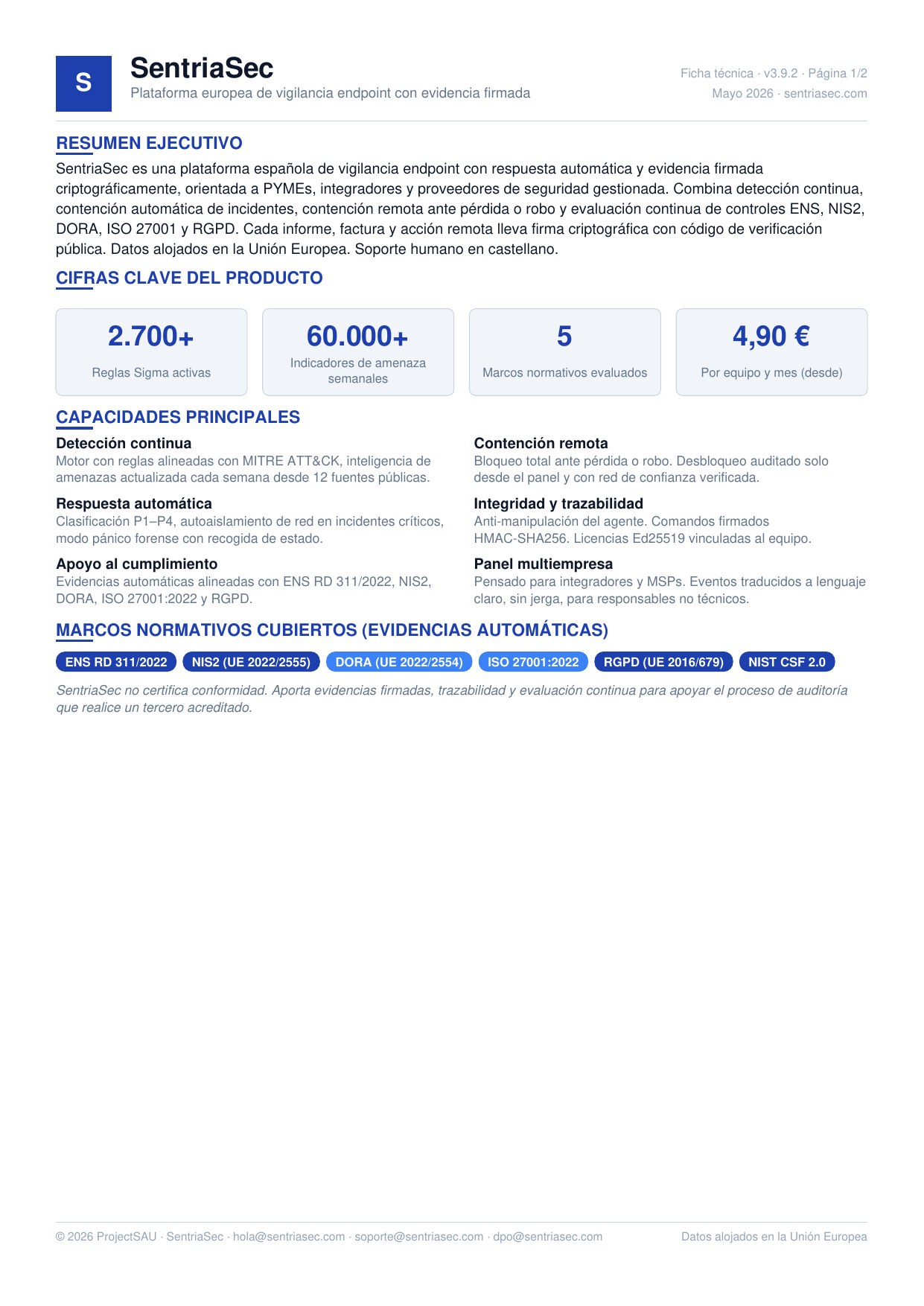 Ficha técnica SentriaSec — Página 1: resumen ejecutivo, cifras clave, capacidades, marcos normativos